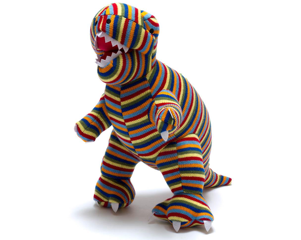 large stripe t rex dinosaur toy, knitted and suitable from birth